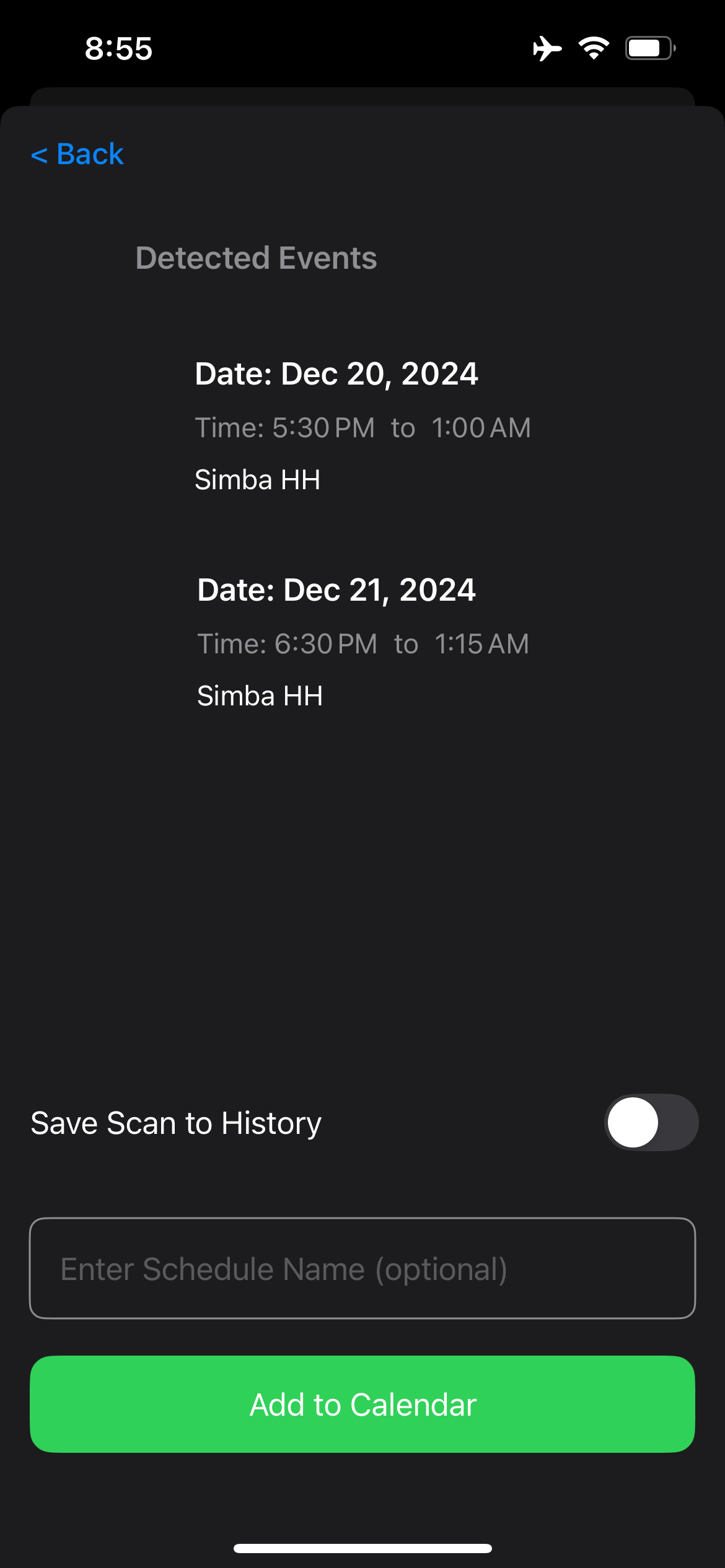 ScheduleScanner User Results